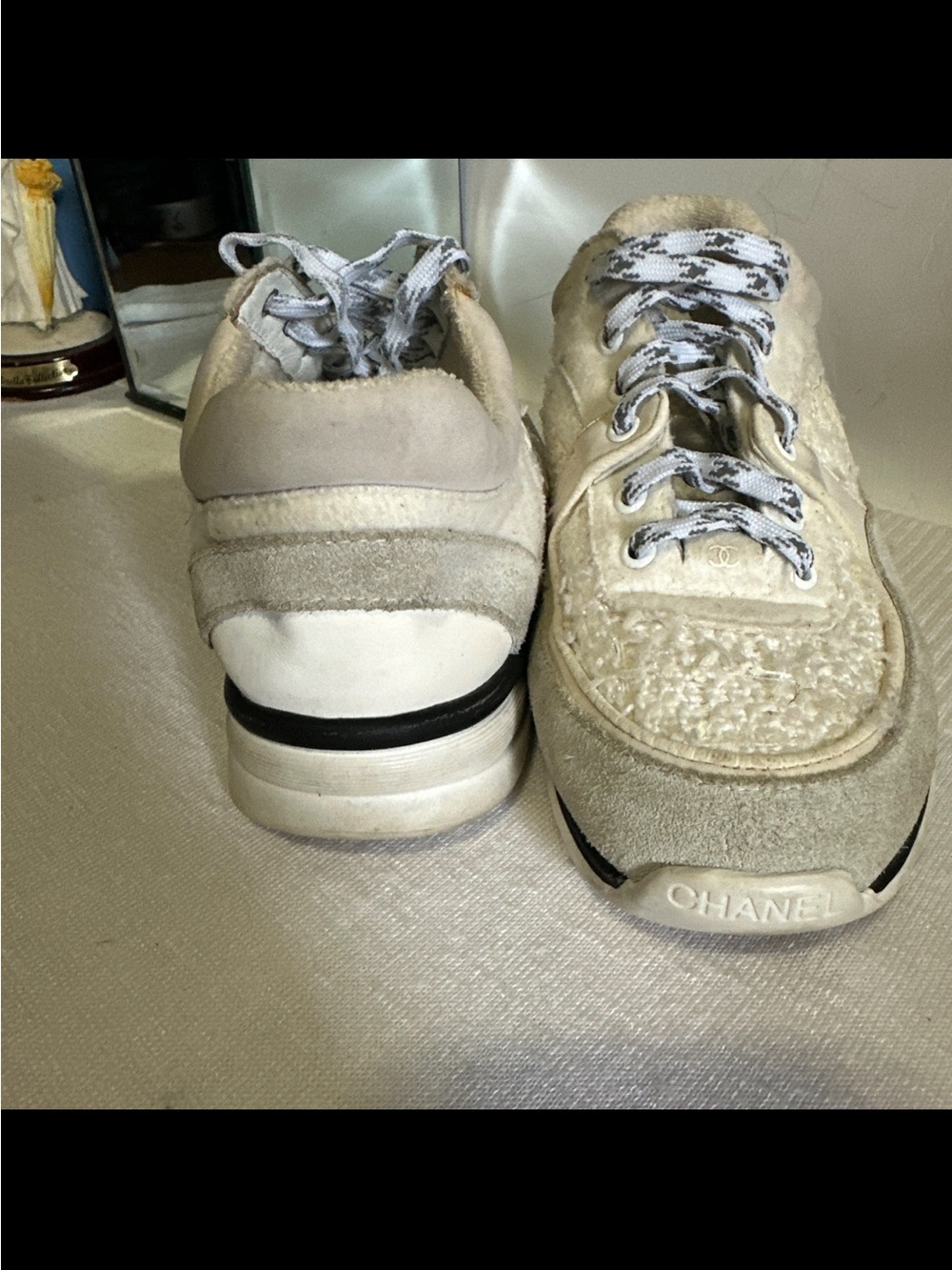 CHANEL Cream and White Mixed-Material Sneakers